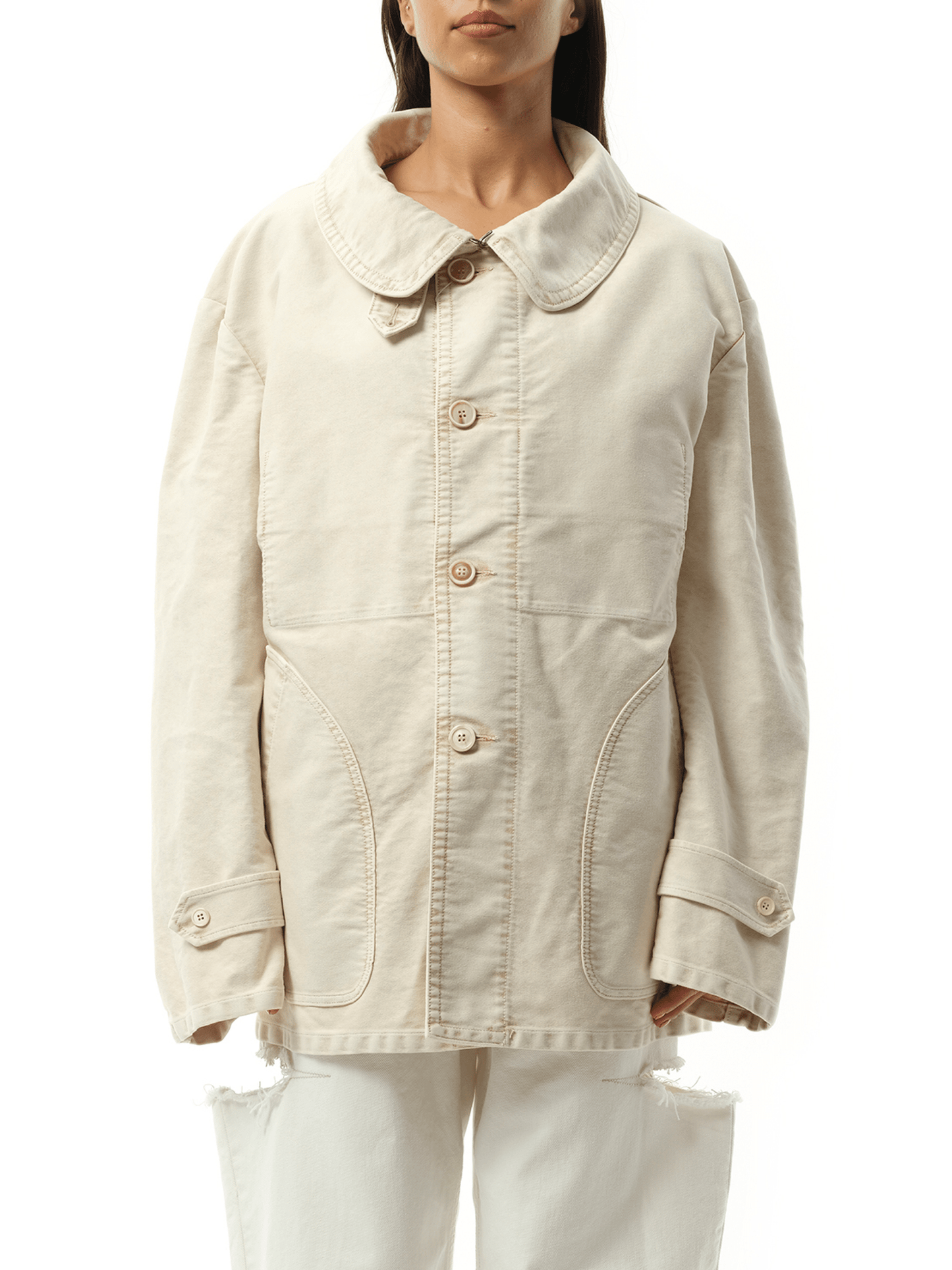 Image of a model wearing Outerwear. Productname: MAISON MARGIELA Workers Moleskin Jacket in Nut Wash colour by brand - MAISON MARGIELA