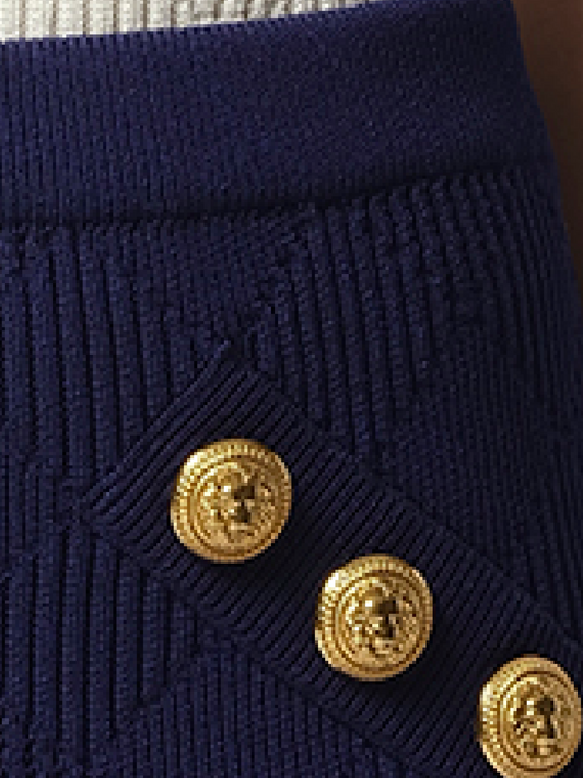 BALMAIN 6 Button Vichy Knit Short Skirt (Midnight Blue)