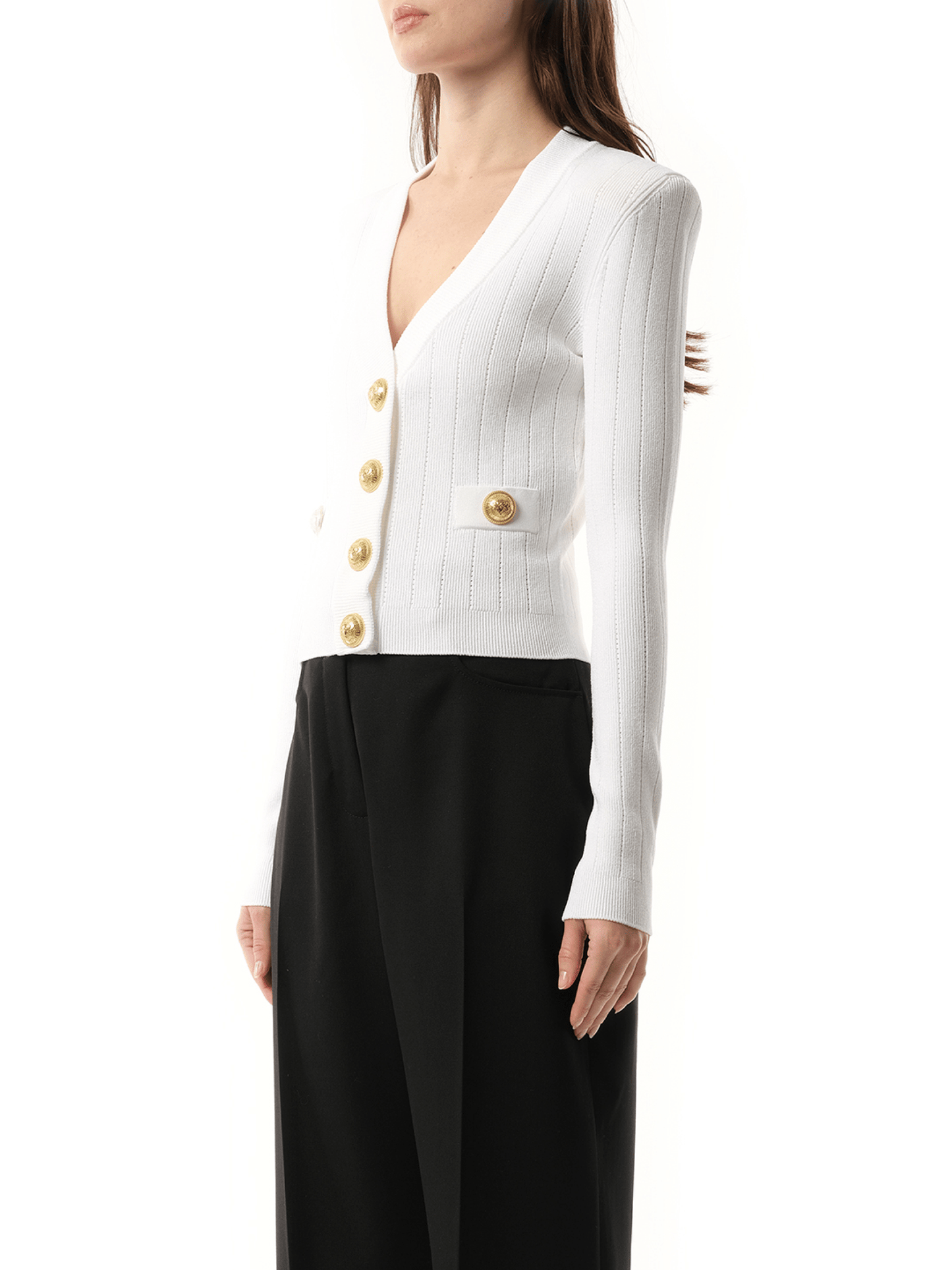 BALMAIN Buttoned Knit Crop Cardigan (White)