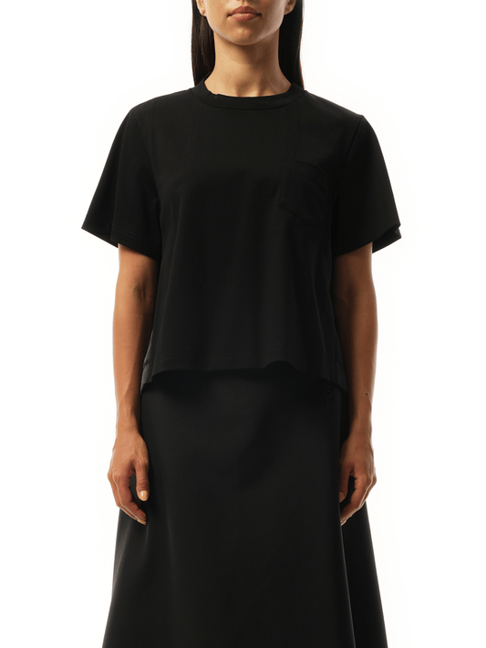 Image of a model wearing Tops. Productname: SACAI Nylon Twill Mix Cotton Jersey T-Shirt in Black colour by brand - SACAI
