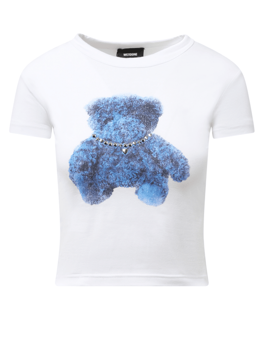 WE11DONE Womens Studded Bear Cropped T-Shirt (White)