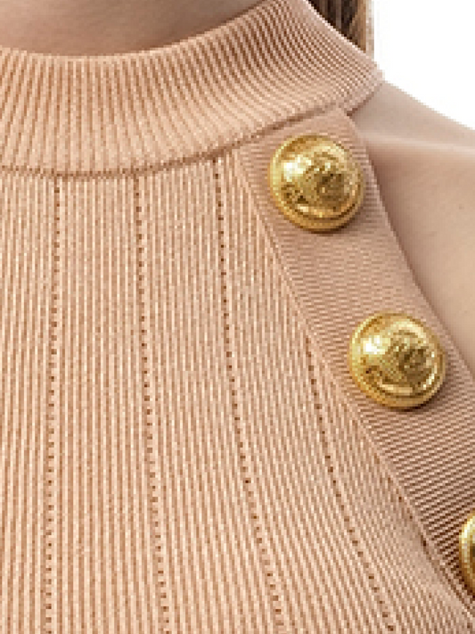 BALMAIN 6 Button Halterneck Knit Cropped Top (Nude Rose)