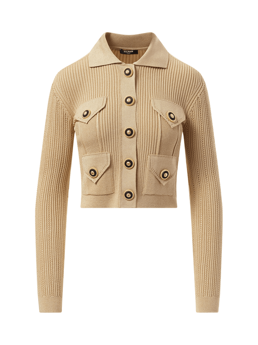 BALMAIN 4 Pockets Buttoned Ribbed Knit Cardigan (Nude Rose)