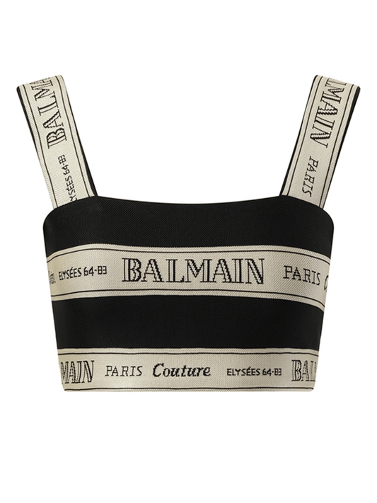 BALMAIN Striped Balmain Jacquard Crop Top (Black Beige)