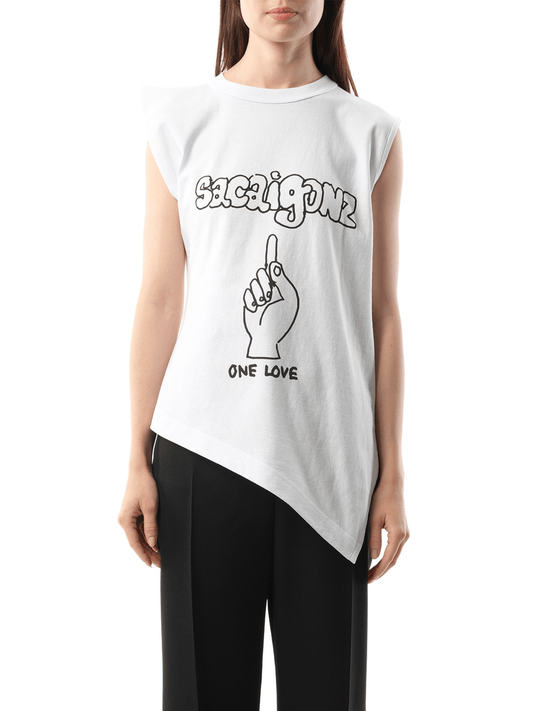 Image of a model wearing Tops. Productname: SACAI Sacai Gonz Print T-Shirt in White colour by brand - SACAI