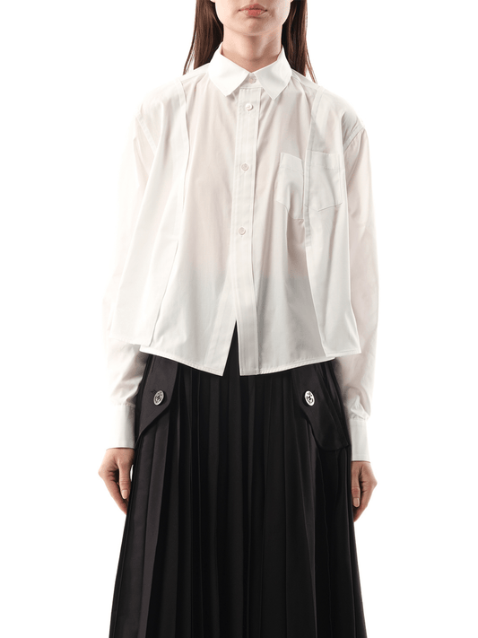 Image of a model wearing Tops. Productname: SACAI Reconstructed Cotton Poplin Shirt in WHITE colour by brand - SACAI