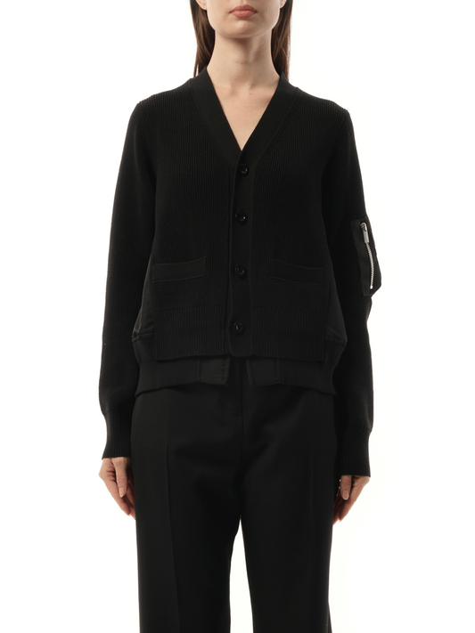 Image of a model wearing Outerwear. Productname: SACAI Nylon Twill Knit Cardigan in BLACK colour by brand - SACAI