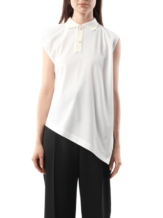 Image of a model wearing Tops. Productname: SACAI Cotton Poplin x Cotton Jersey Polo in WHITE colour by brand - SACAI