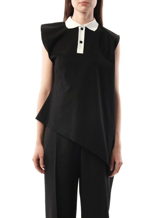 Image of a model wearing Tops. Productname: SACAI Cotton Poplin x Cotton Jersey Polo in BLACK colour by brand - SACAI