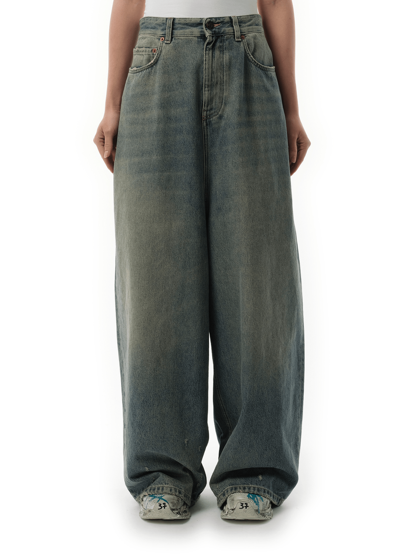 Image of a model wearing Denim. Productname: BALENCIAGA Low Crotch Jeans in BLUE colour by brand - BALENCIAGA