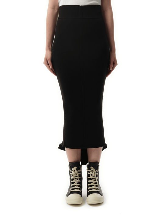 Image of a model wearing Skirts. Productname: RICK OWENS Calf Dauphine Skirt in BLACK colour by brand - RICK OWENS