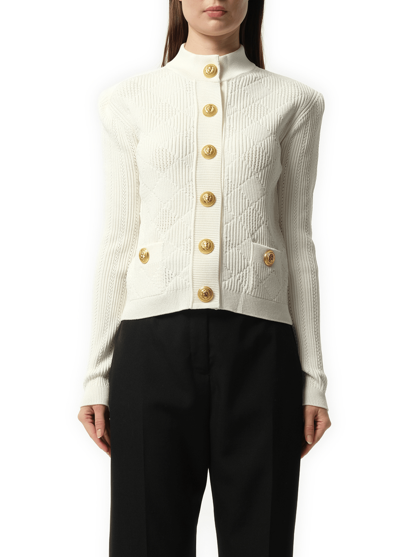 Image of a model wearing Outerwear. Productname: BALMAIN Buttoned 2 Pockets Vichy Knit Cardigan in White colour by brand - BALMAIN