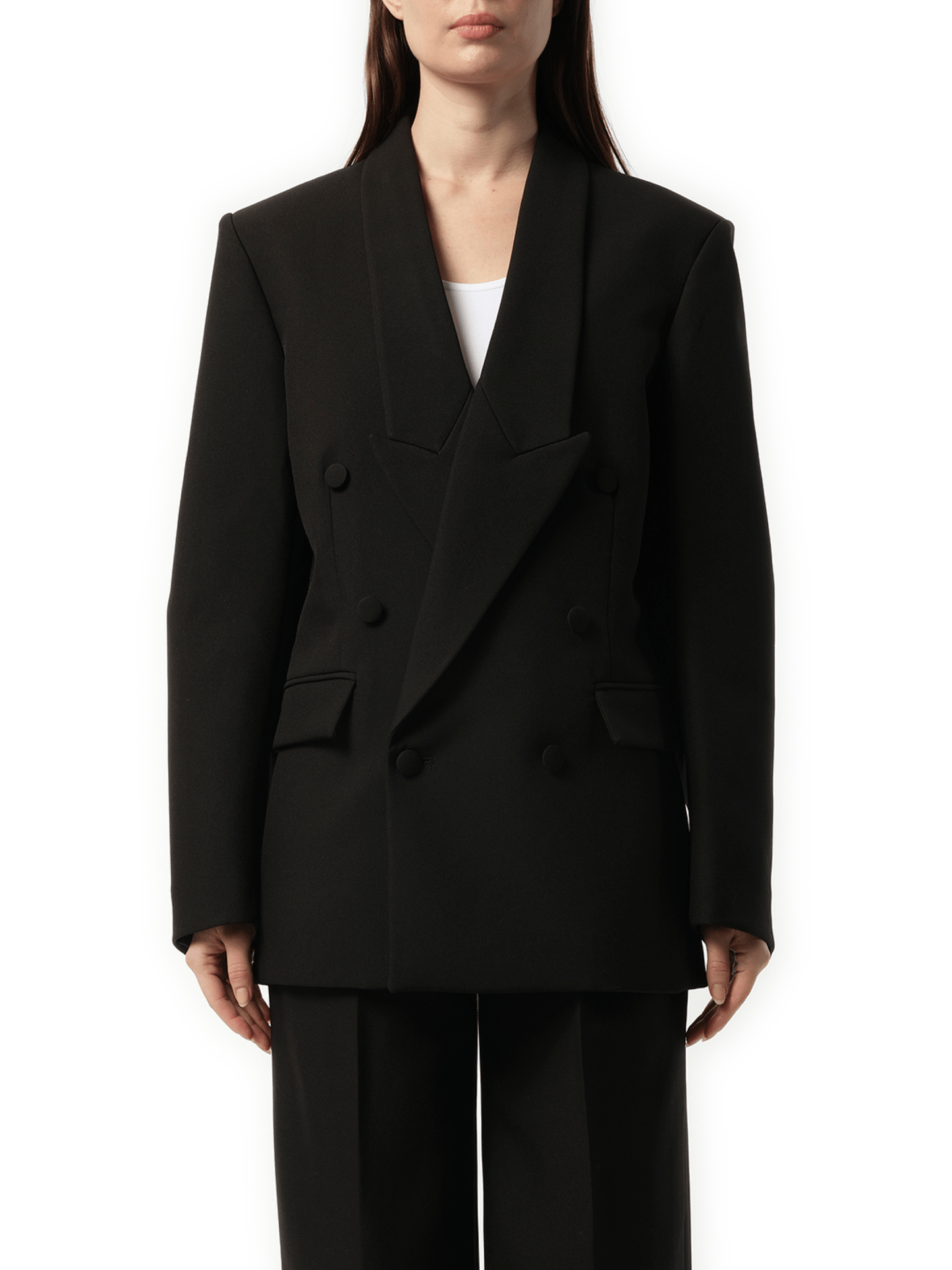 Image of a model wearing Outerwear. Productname: COPERNI Double Breasted Tailored Jacket in Black colour by brand - COPERNI