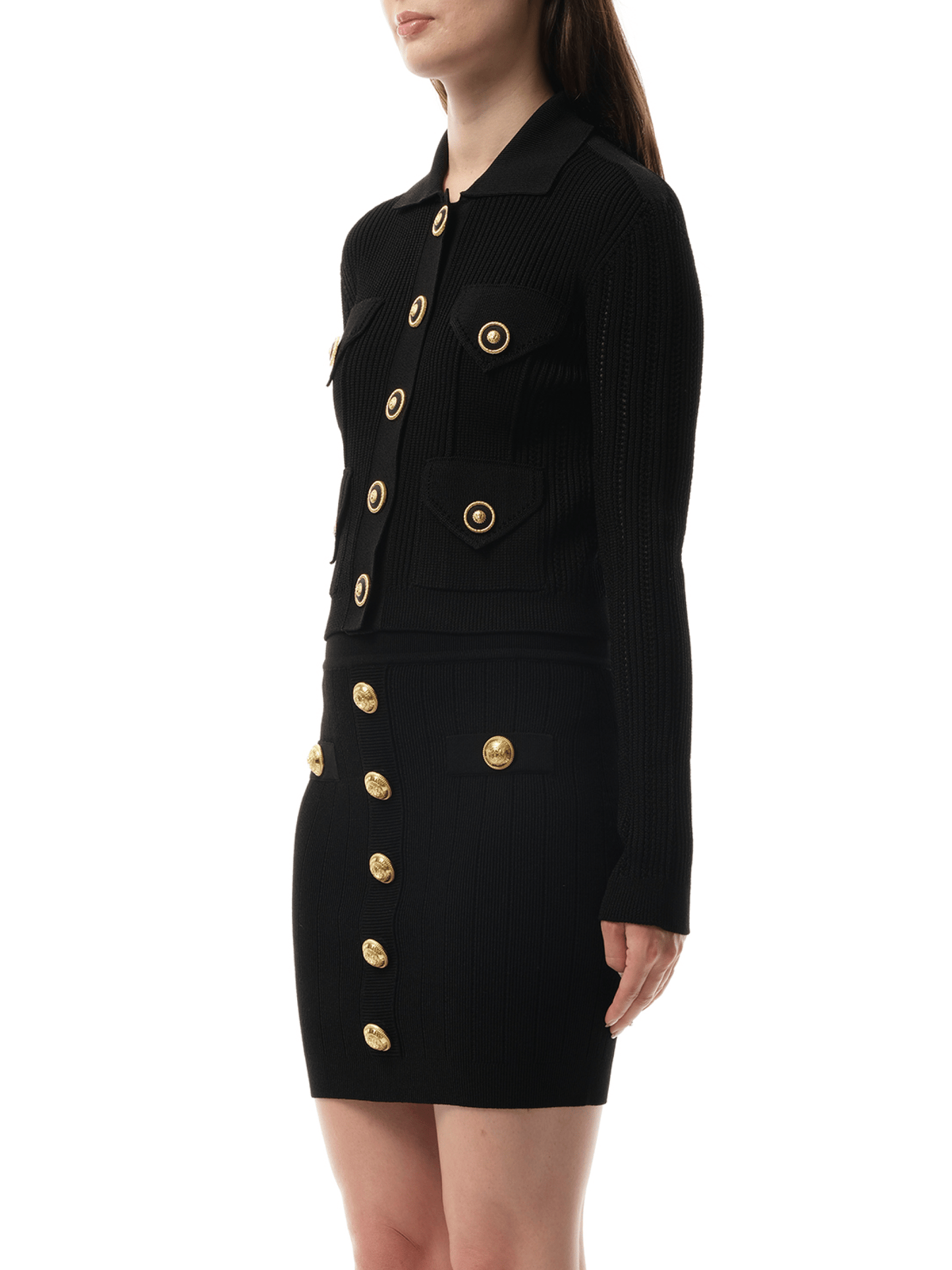 BALMAIN 4 Pockets Buttoned Ribbed Knit Cardigan (Black)