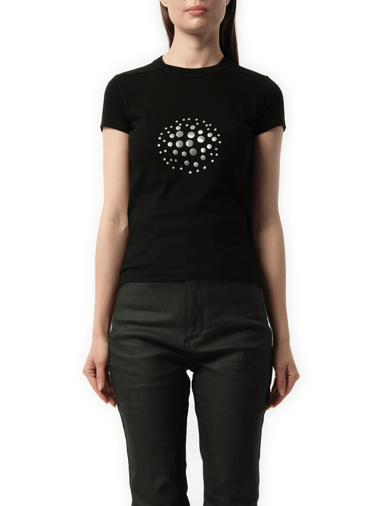 Image of a model wearing Tops. Productname: RICK OWENS Cropped Orb Level T-Shirt in Black colour by brand - RICK OWENS