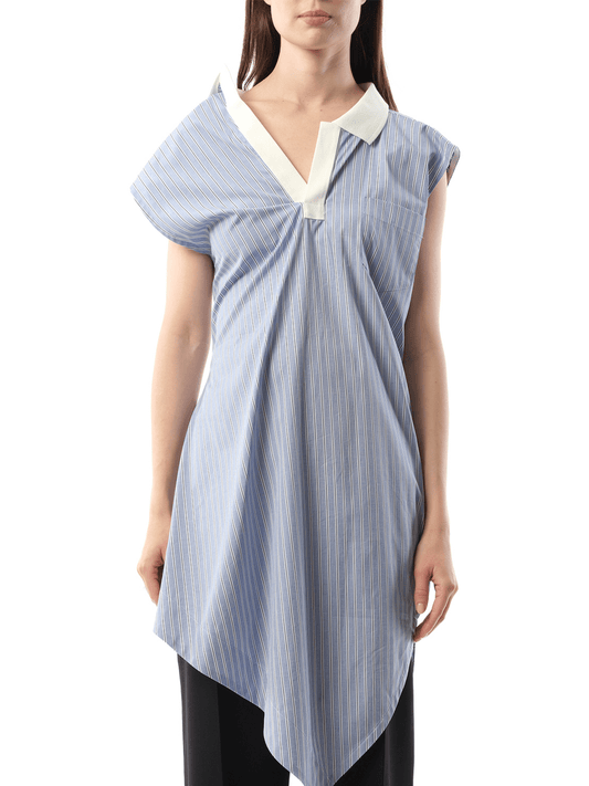 Image of a model wearing Tops. Productname: SACAI Cotton Poplin Polo Shirt in Light Blue Stripe colour by brand - SACAI