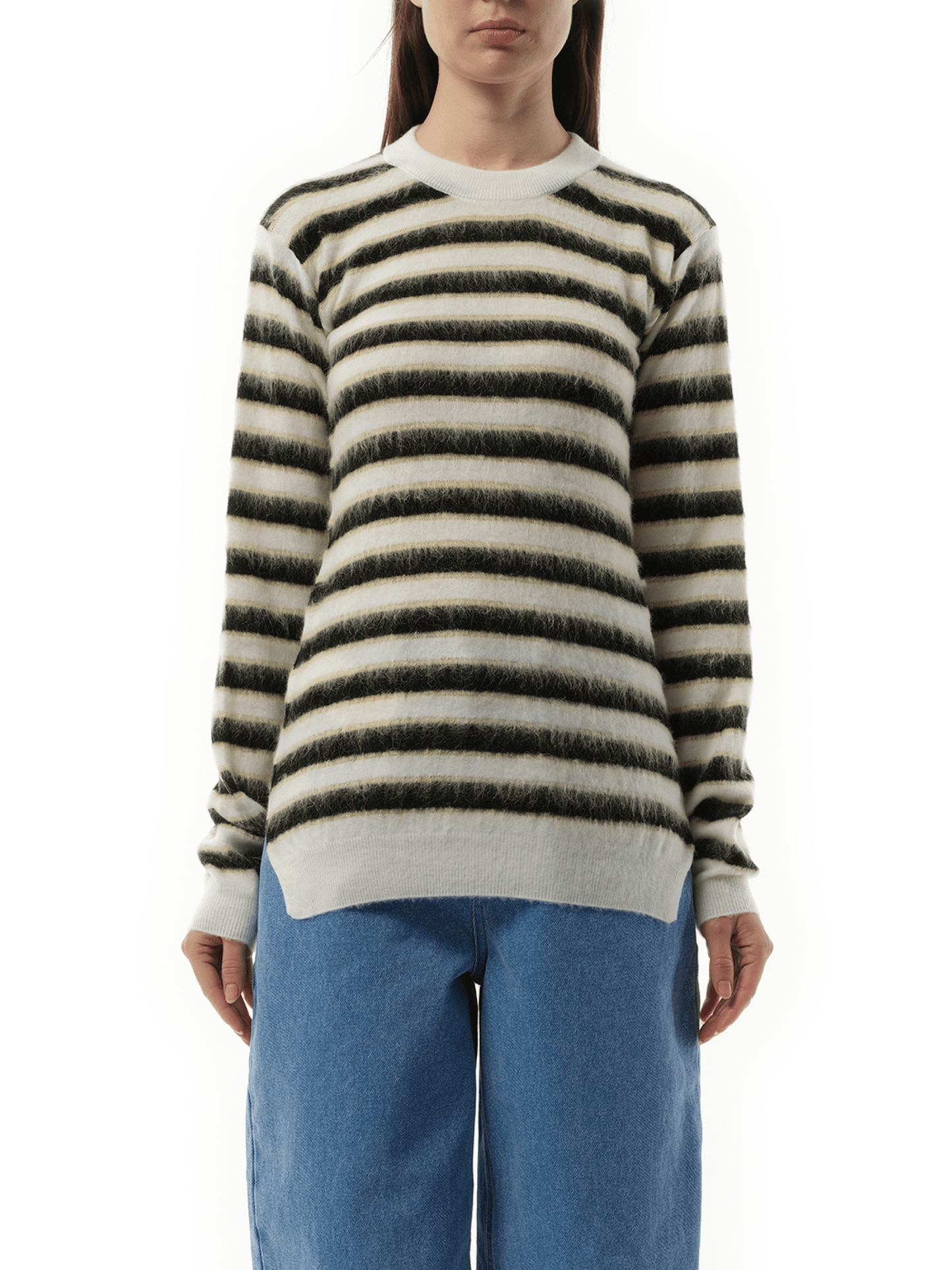 Image of a model wearing Outerwear. Product name - Mohair Stripe Sweater in White colour by brand - MARNI
