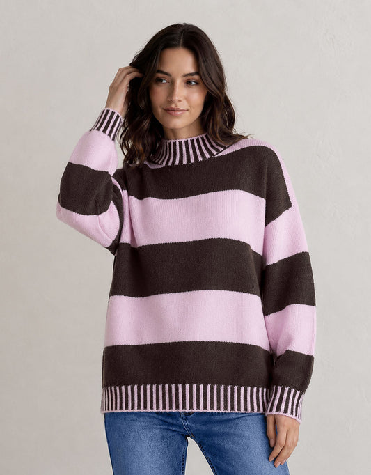 132 Fashion Gigi Wool Blend Stripe Knit (Chocolate/Pink)