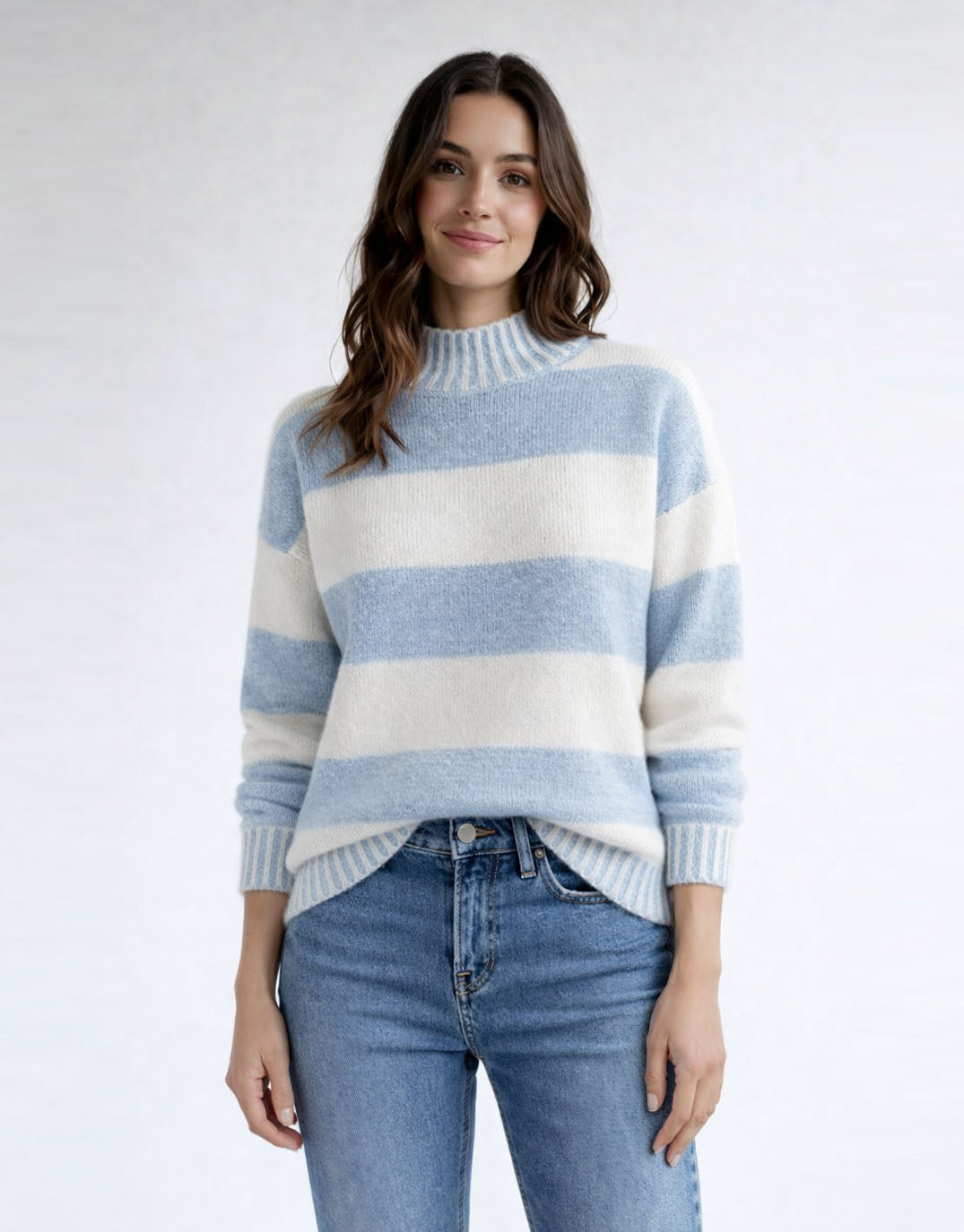 132 Fashion Gigi Wool Blend Stripe Knit (Powder Blue/White)
