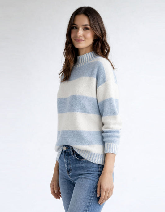 132 Fashion Gigi Wool Blend Stripe Knit (Powder Blue/White)