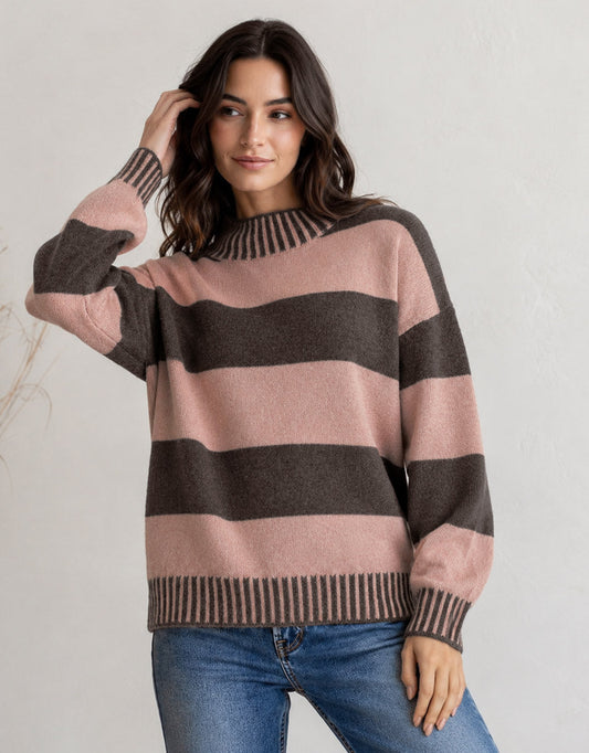 132 Fashion Gigi Wool Blend Stripe Knit (Chocolate/Nutmeg)