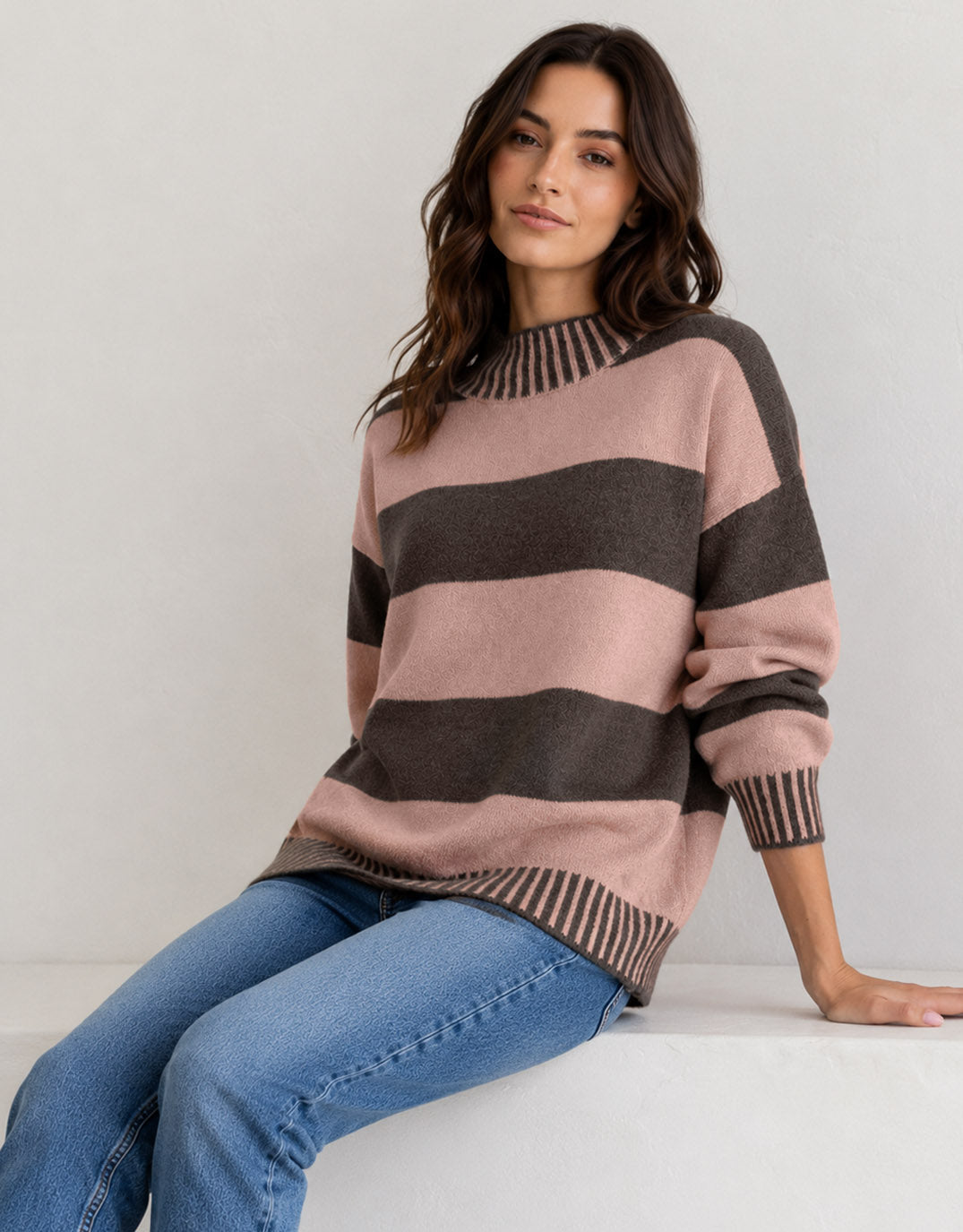 132 Fashion Gigi Wool Blend Stripe Knit (Chocolate/Nutmeg)