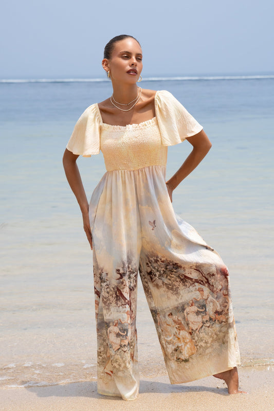 Heychic Lavinia Yellow Abstract Flared Sleeve Jumpsuit (Blue)