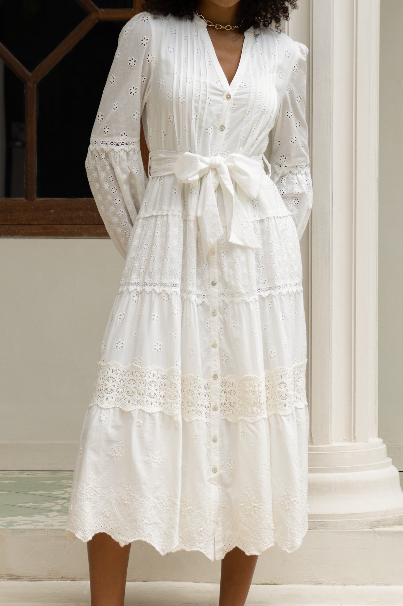 Heychic Linnea Eyelet Long Sleeve Maxi Dress (White)