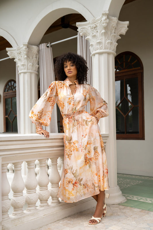 Heychic Fiorenza Orange Long Sleeve Maxi Dress (Floral)