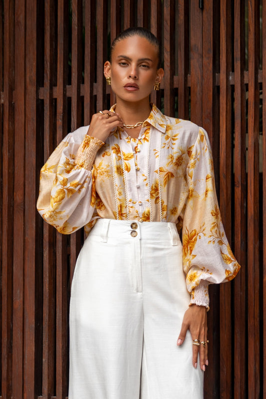 Heychic Fiorella Yellow Balloon Sleeve Blouse (Floral)
