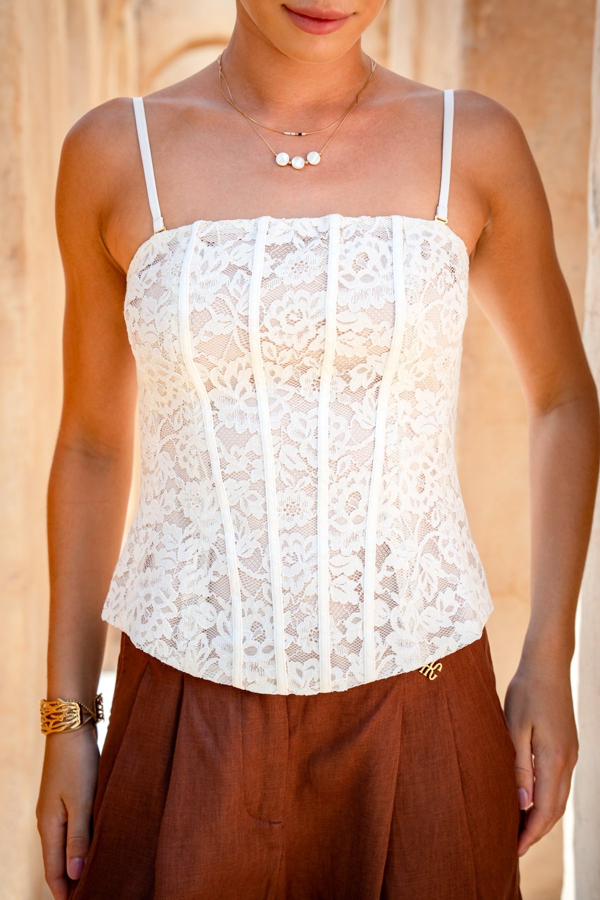 HEYCHIC Era Lace Corset Top (Beige)