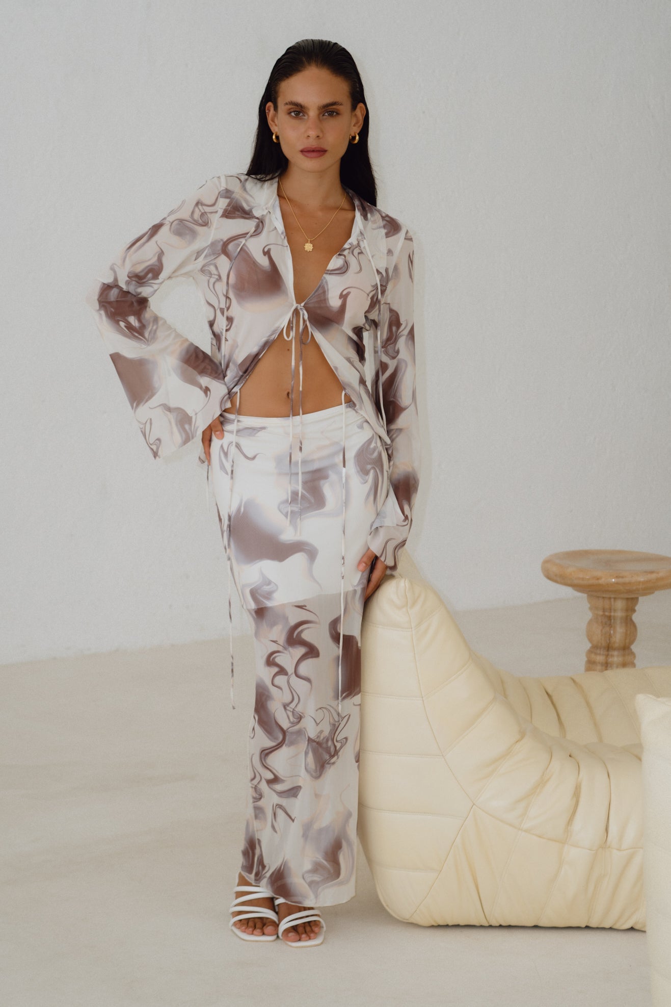 Heychic Aria Abstract Marble Mesh Maxi Skirt (Brown)