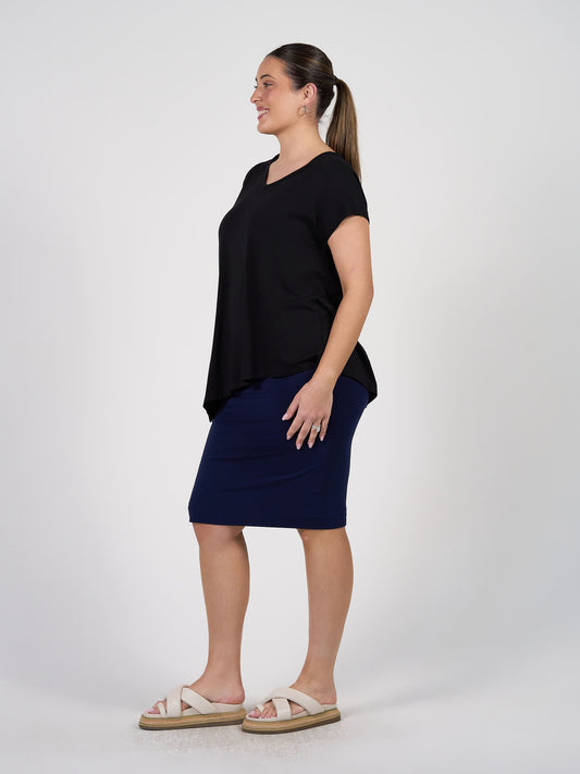 Lou Lou Holiday Asymmetrical Bamboo V-Neck T-Shirt (Black)