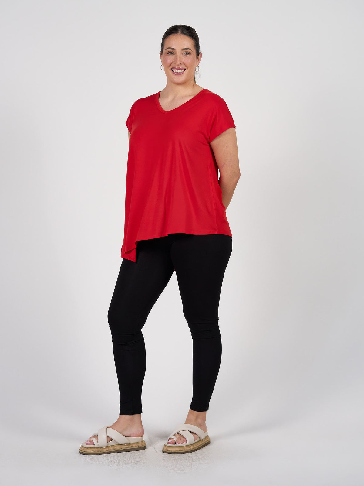 Lou Lou Holiday Asymmetrical Bamboo V-Neck T-Shirt (Fiery Red)