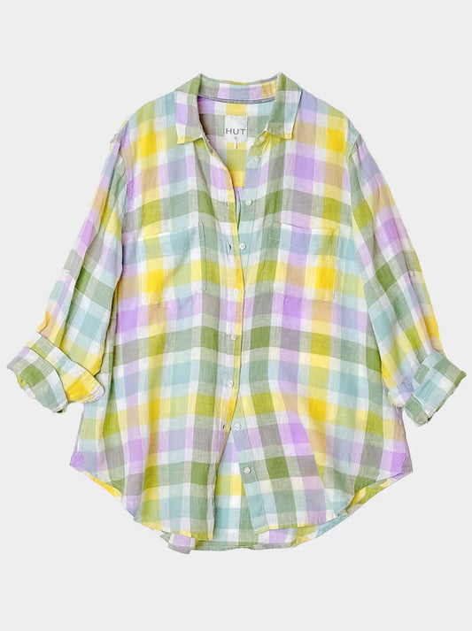Hut Plaid Linen Boyfriend Shirt (Summer Days)