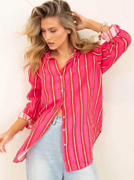 Image of a model wearing Tops. Product name - Hut Stripe Boyfriend Shirt in Cafe Bleu colour by brand - Hut&Co