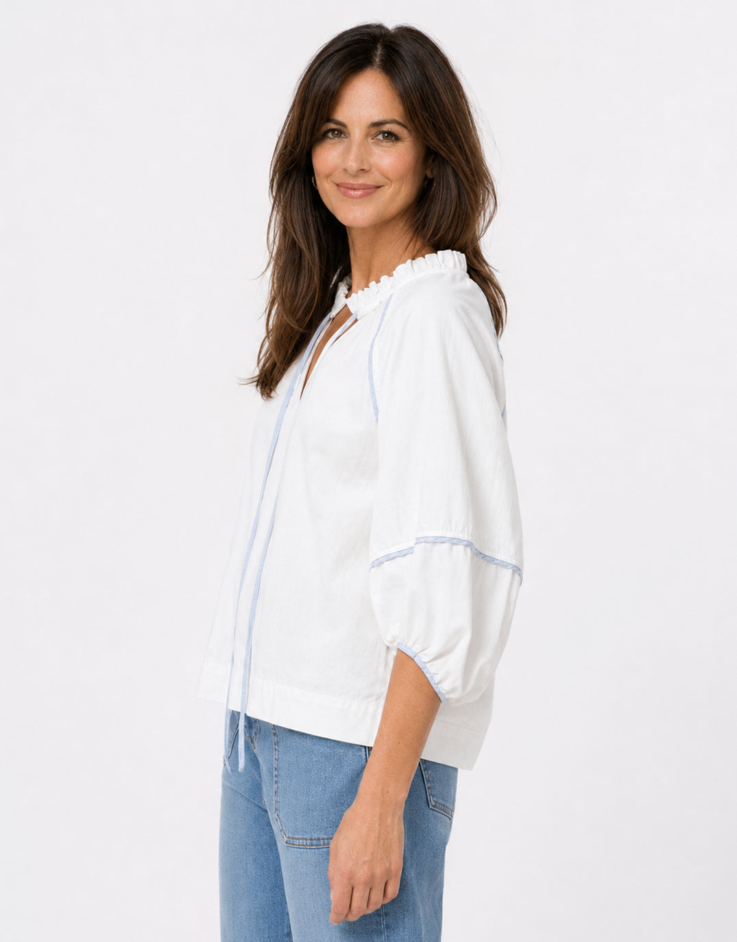 Kireina Joanne Denim Shirt (White/Blue Trim)