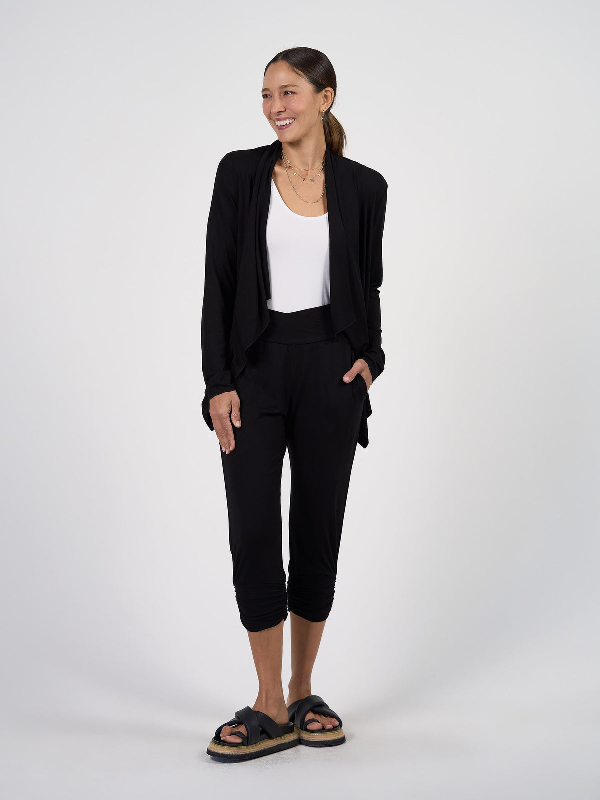 Image of Cardigans. Product name - Joni Bamboo Waterfall Cardigan/Jacket Black in Black colour by brand - Lou Lou