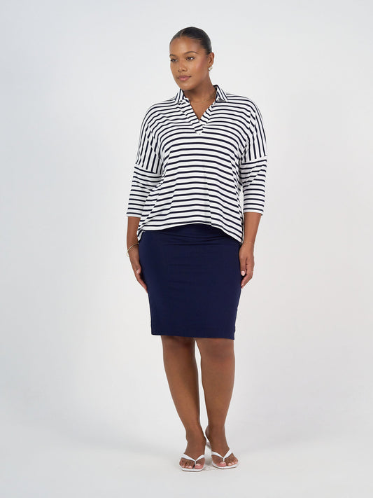 Lou Lou Khan Bamboo 3/4 Sleeve Collared Polo Top (Navy & White Stripe)