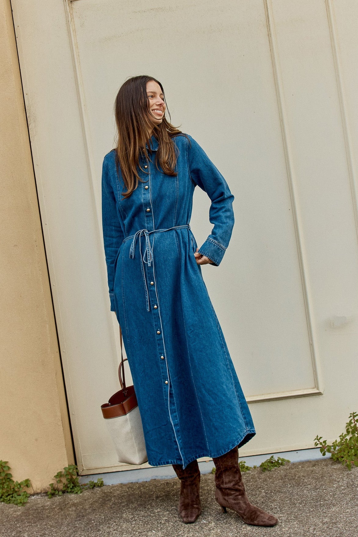Image of Dresses. Product name - Nico Denim Dress Mid Blue in Mid Blue colour by brand - Betty Basics