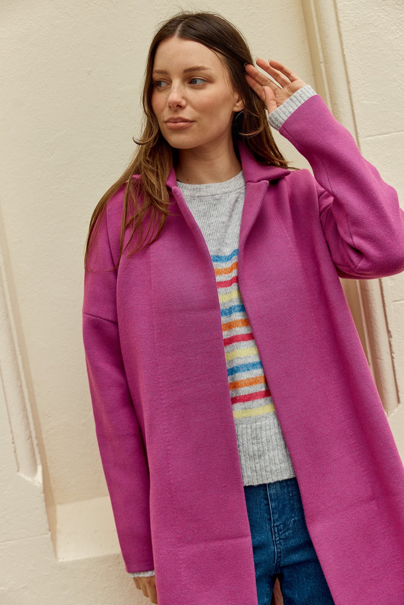 Image of a model wearing Outerwear. Product name - Bristol Coatigan Mulberry in Mulberry colour by brand - Betty Basics