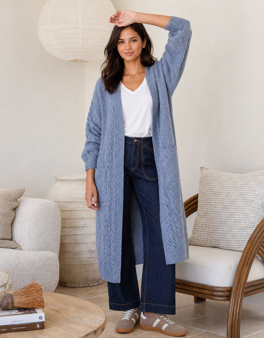 132 Fashion Longline Cable Cardi (Blue)