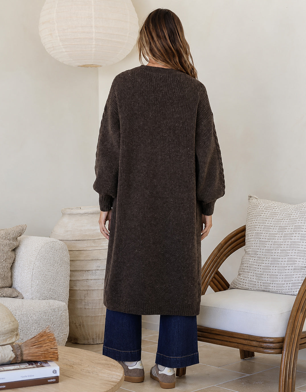 132 Fashion Longline Cable Cardi (Chocolate)