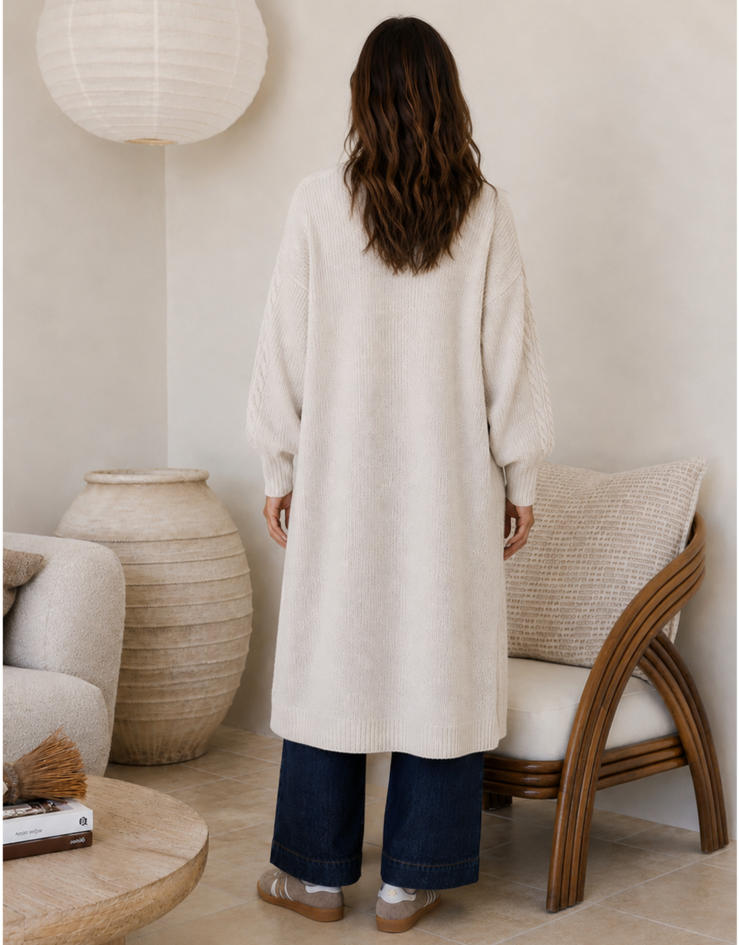 132 Fashion Longline Cable Cardi Latte (Beige)