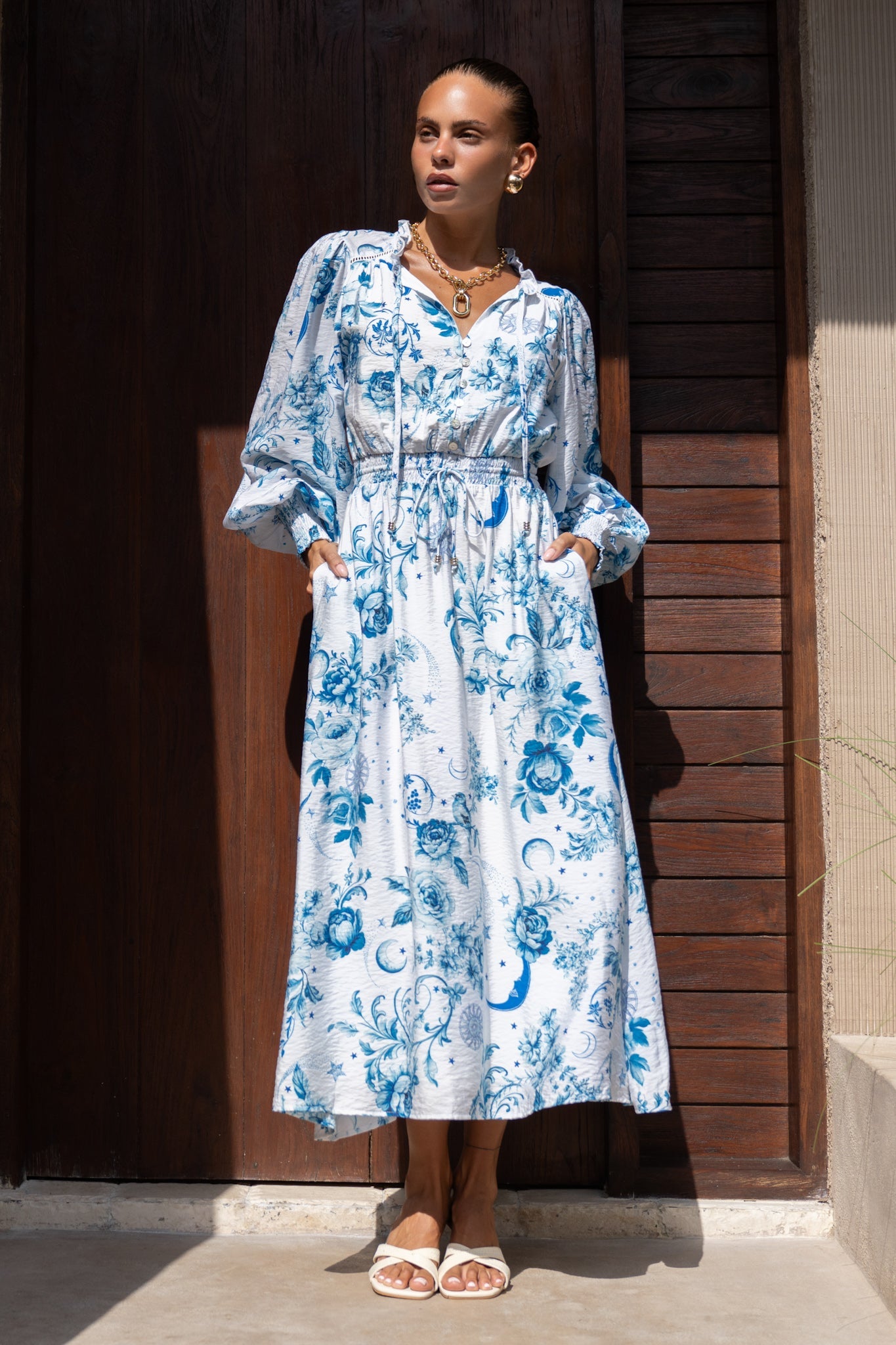 Heychic Lorellina Floral Long Sleeve Button Maxi Dress (Blue)
