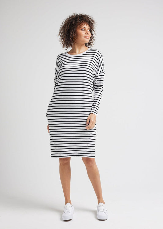 Lou Lou Turner Long-Sleeve Bamboo T-Shirt Dress (Grey Marle & Black Stripe)