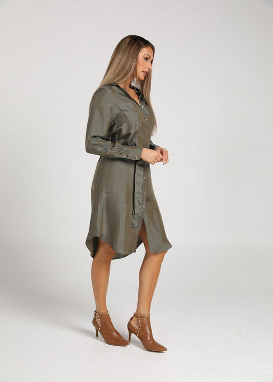 Lou Lou The Silk Long-sleeve Shirt Dress (Combat)