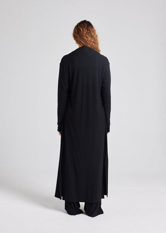Lou Lou Ribbed Bamboo Long-Line Pocket Cardigan (Black)