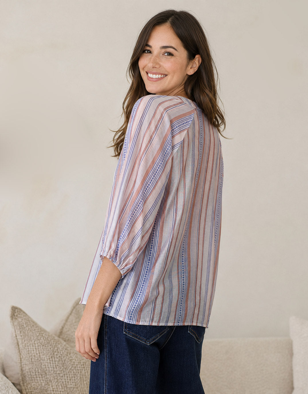 132 Fashion Malta Blouse (Blue/Blush Stripe)