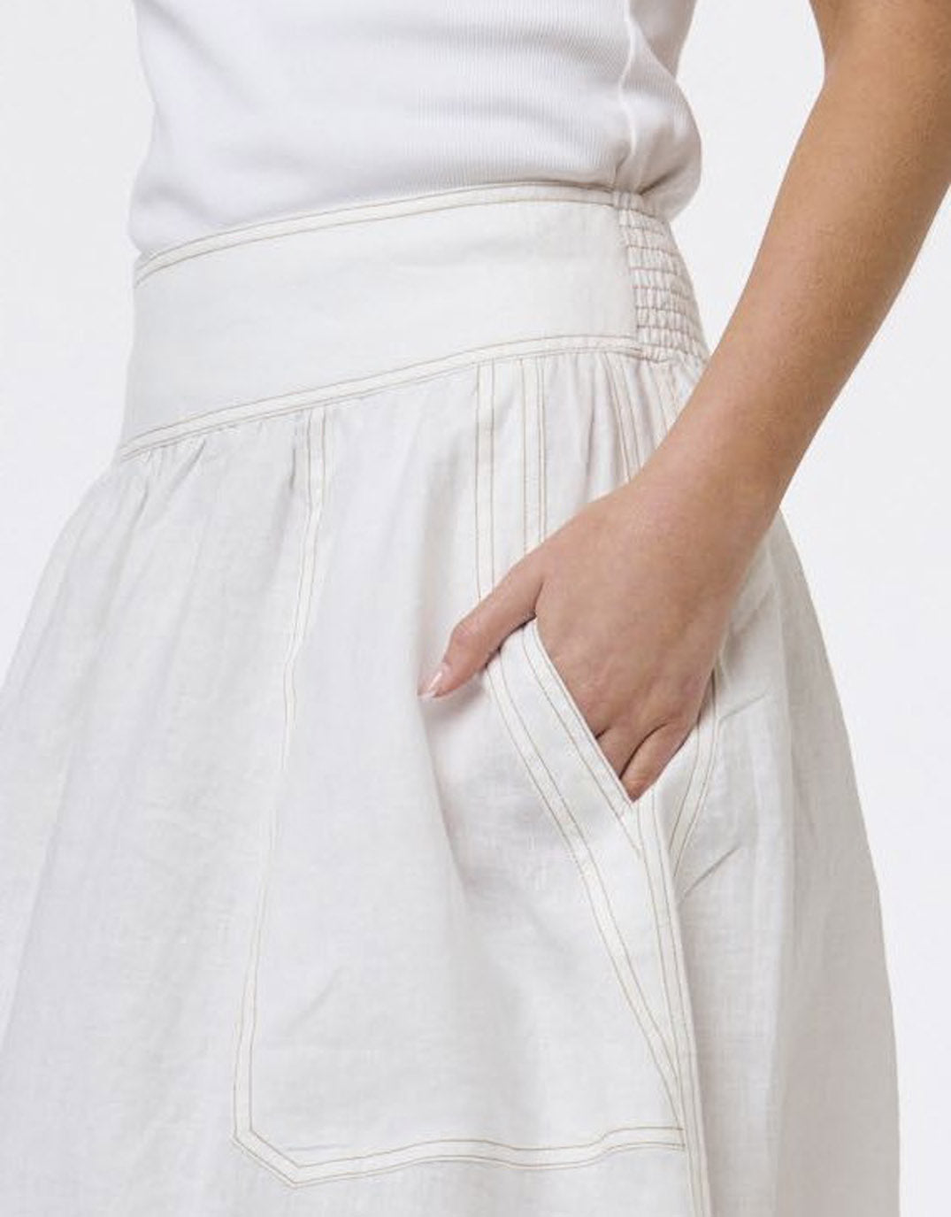 365 Days Marion Cotton Skirt (White/Tan Stitching)